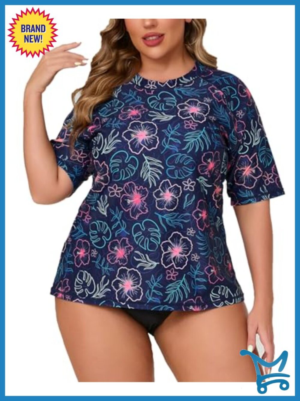 Plus Size Rash Guard Swim Shirt Built in Bra UPF 50+ Short Sleeve